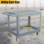 2 Tier Rolling Utility Cart on Wheels, 550 lbs Capacity Flat Top Plastic Service Cart with Lipped Shelves, 46 x 26-Inch Heavy Duty Work Cart for Warehouse, Garage, Cleaning, Gray