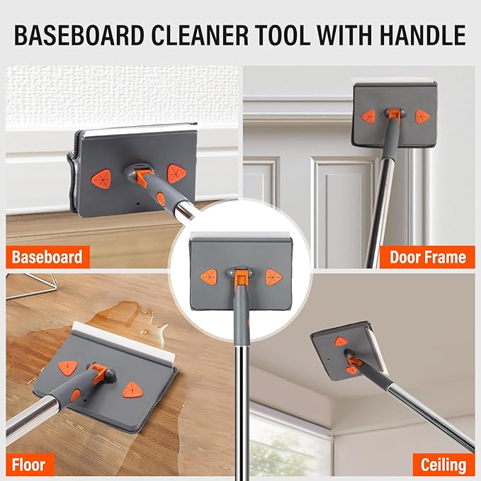 Baseboard Cleaner Tool with Handle,Wall Cleaner mop with Squeegee, Baseboard Cleaning Tool with 85" inch Extension Pole,8 Replacement Pads for Baseboards Cleaning, Ceiling, Wall, Floor, Shower