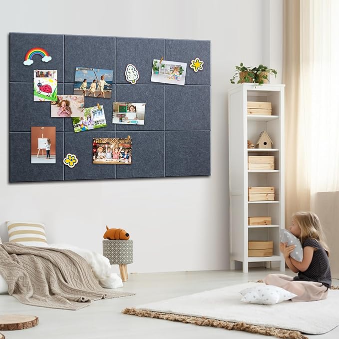 Large Cork Bulletin Board - 48" x 36" Cork Board for Walls - 12 Pack Felt Tiles, 60 Removable Safe Adhesive Tabs & 40 Pushpins - Dartboard Protector for Office, School, Home Decor - Dark Grey