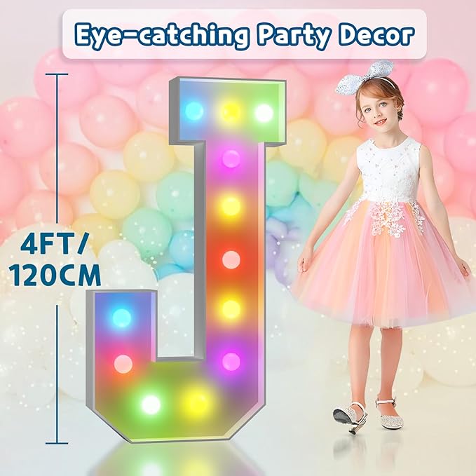 imprsv 4FT Colorful Marquee Letters J, 18 Colors Large Light up Letters Alphabet Sign with Remote, Large Marry Me Sign, Birthday Party Decorations Anniversary Wedding Decoration