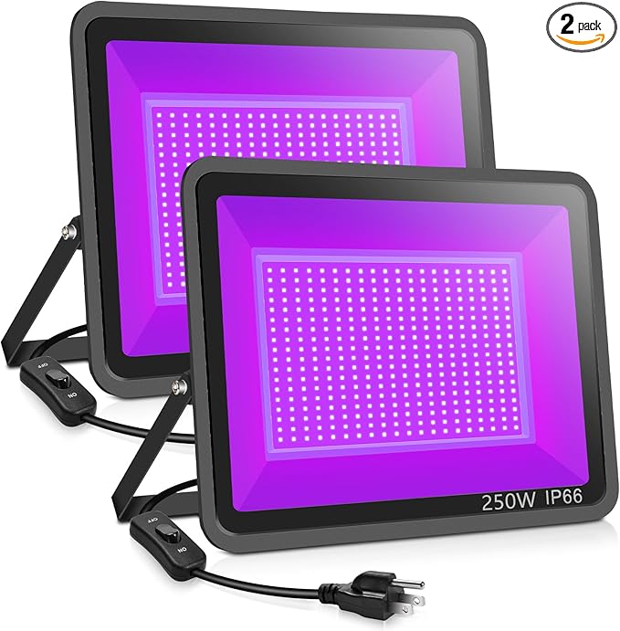 2 Pack 250W LED Flood Black Lights, Outdoor Flood Blacklight Light with Plug, IP66 Waterproof forGlow in The Dark, Dance Party, Stage Lighting, Body Paint, Fluorescent Poster, Neon Glow