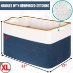 MINTWOOD Design 22in Extra Large Blanket Basket Holder Living Room, Rectangle Rope Woven Storage Basket with Handles for Laundry, Pool Towels, and Shoes, Dog Toy Organizer Bin Box, Prussian Blue