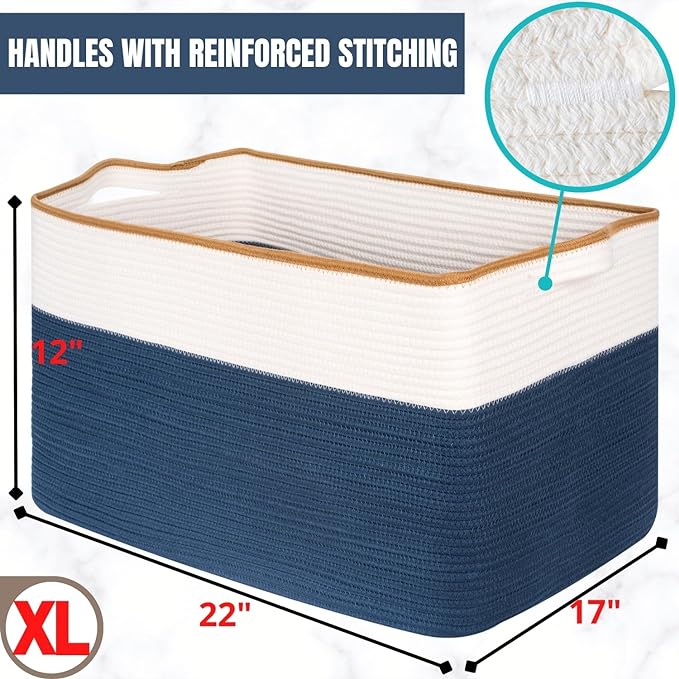 MINTWOOD Design 22in Extra Large Blanket Basket Holder Living Room, Rectangle Rope Woven Storage Basket with Handles for Laundry, Pool Towels, and Shoes, Dog Toy Organizer Bin Box, Prussian Blue