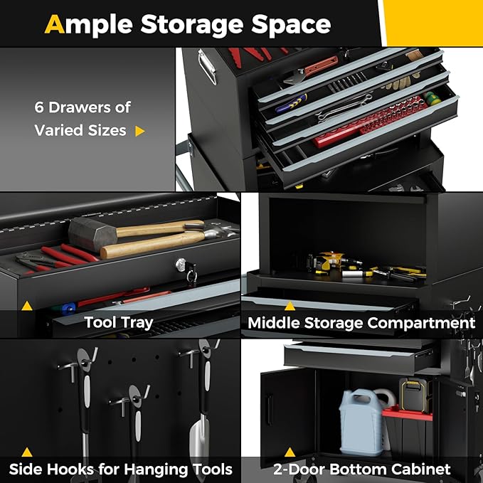 Goplus Tool Chest, 6 Drawers 3-in-1 Extra Large Tool Storage Cabinet with 4” Universal Lockable Wheels, Auto Lock, Protective Liner, Heavy Duty Rolling Tool Box for Garage, Workshop
