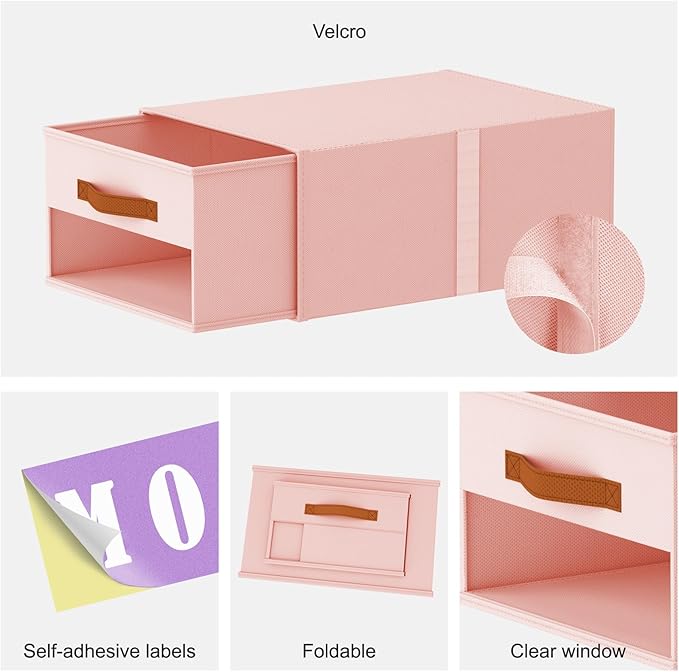 Stackable Storage Drawers - Pull Out Storage Bins with Drawers for Closet Clothes Organizers with Weekly Labels & Clear Window, Closet Shelf Storage for Bedroom, Living Room, 5 Pack, Pink