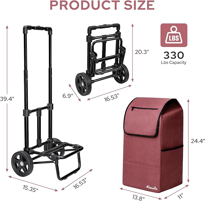 KEDSUM 2 in 1 Shopping Cart for Groceries, 330 lbs Grocery Cart on Wheels, Foldable Utility Carts with Wheels, Load-Bearing Hand Truck with Waterproof Bag for Shopping, Camping, Laundry, Garden, Red