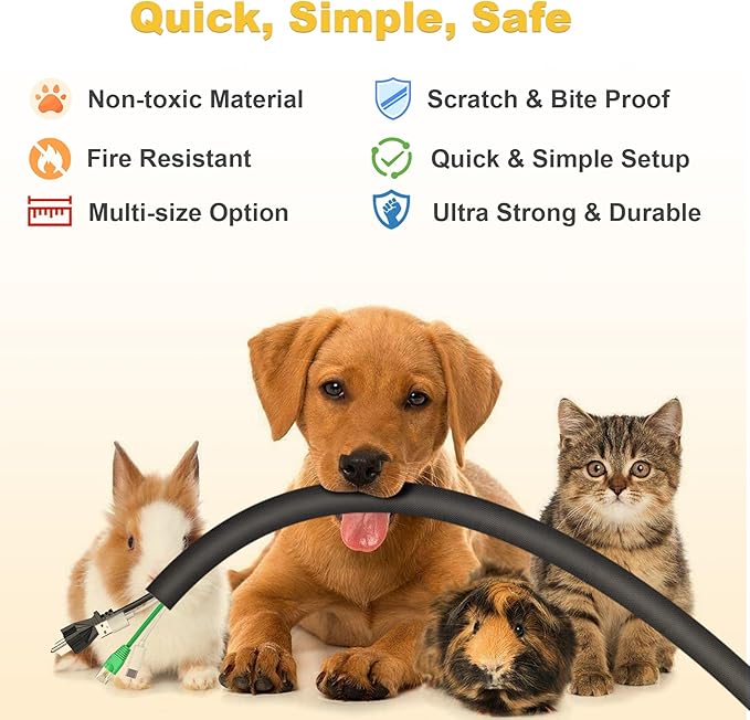 Cord Protectors from Pets no Chew, 10ft Cord Covers for Pets, 1Inch Wire Covers for Cords, Cable Management for USB, Power, Audio and Video Cords