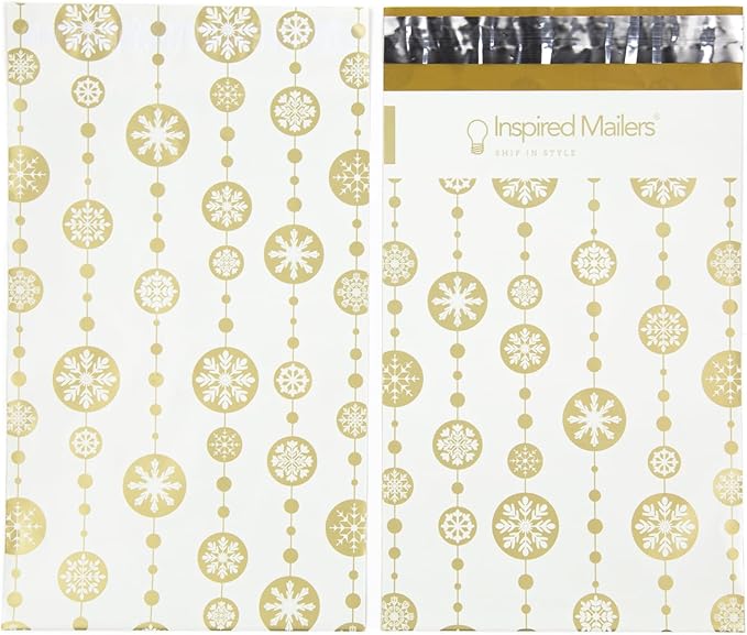 Inspired Mailers - Poly Mailers 6x9-100 Pack - Snowflake Baubles (Gold) - Winter Mailing Envelopes - Small Shipping Bags - Holiday Poly Mailers Bags