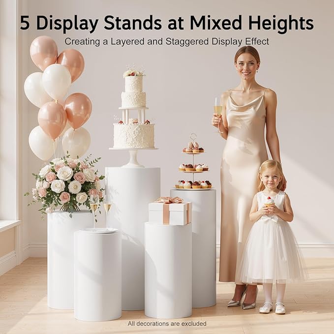 Cylinder Stands for Party, 5Pcs Round Pedestal Stand, Foldable White Round Large Columns Tables, Plinth Pillars for Parties Baby Shower Birthday Wedding Display Decoration Ceremony Art Decor