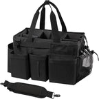 Wearable Cleaning Caddy Organizer with Handle & Shoulder Straps for Housekeepers, Under Sink & Car Cleaning Tool Organizer Bag with 4 Foldable Dividers (Black)