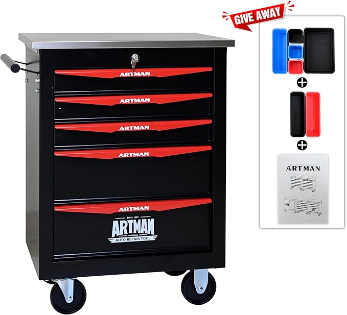 5 Drawer Rolling Tool Chest with Locker, 22.2" D Metal Movable Lockable Tool Cart Box Multi-Functional Hardware Storage Cabinet Box for Warehouse Basement Home Pantry Garage