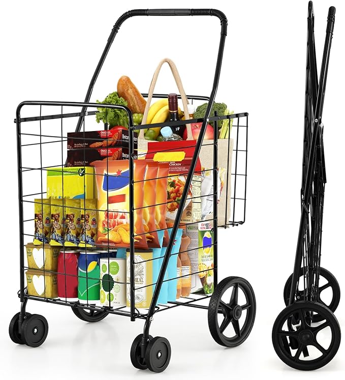 COSTWAY Folding Shopping Cart, Metal Grocery Cart with Extra Basket, 360° Swiveling Front Wheels & Comfortable Handle, Light Weight Collapsible Utility Cart for Laundry, Camping (Black)