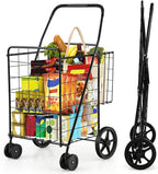 COSTWAY Folding Shopping Cart, Metal Grocery Cart with Extra Basket, 360° Swiveling Front Wheels & Comfortable Handle, Light Weight Collapsible Utility Cart for Laundry, Camping (Black)