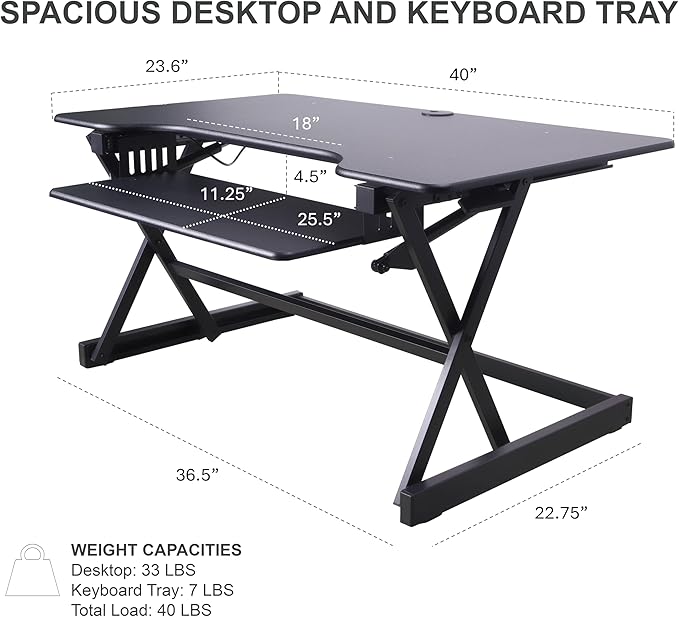 Rocelco 40" Height Adjustable Standing Desk Converter with AC Outlet USB Charger and Dual Monitor Arm Mount - Sit Stand Up Tabletop Riser - Sliding Keyboard Tray - Black (R DADRB-40-ACUSB-MA2)