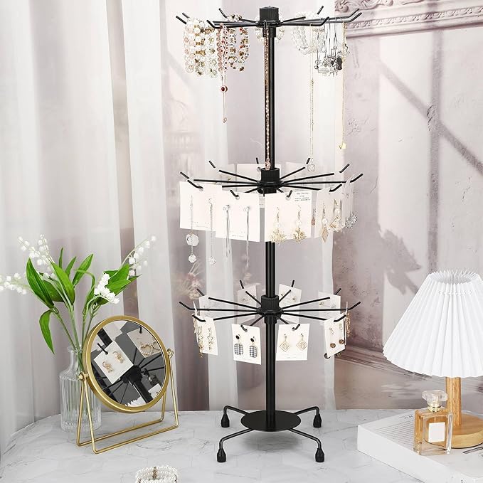 4 Pcs Spinning Jewelry Display Stand 3 Tier Rotating Keychain Earring Retail Rack Adjustable Fashion Counter Jewelry Tree Display Holder Organizer for Women Men (Black)