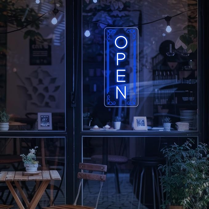 Vertical LED Open Signs for business – Super Bright - UV Printing Pattern, Remote Included - Large Size 18x45'' - Neon Open Sign for Café, Bar, Shop & Business Sign (Blue)