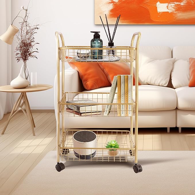 3 Tier Mesh Rolling Utility Cart, Gold Metal Organization Cart with Lockable Wheels, Multifunctional Storage Trolley Service Cart for Kitchen Living Room Office Salon