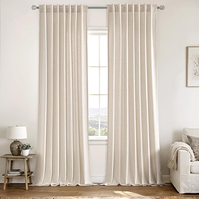 MIULEE Non-See-Through Privacy Linen Curtains 2 Panels, Light Filtering Window Curtains Farn House Textured Back Tab Semi Sheer Drapes for Bedroom Living Room, 52 x 108 Inches Long, Birch
