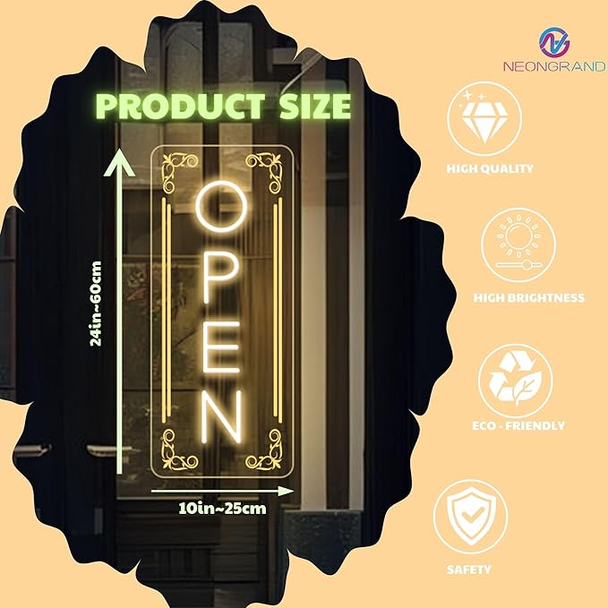 Vertical LED Open Signs for business – Super Bright - UV Printing Pattern, Remote Included - Large Size 10x24'' - Neon Open Sign for Café, Bar, Shop & Business Sign - Warm White