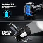 LBE Rechargeable Spotlight Outdoor, 90,000 Lumens Led Spotlight Flashlight with Cob Light and Foldable Tripod, 6 Modes Waterproof Handheld Spot Light for Outdoor Marine Boating Hµnting