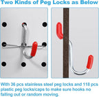 60 Assorted Pegboard Hooks with Pegboard Bins Plus 154 Peg Locks/Caps for 1/4 inch & 1/8 Inch Peg Board, Won’t Fall Out