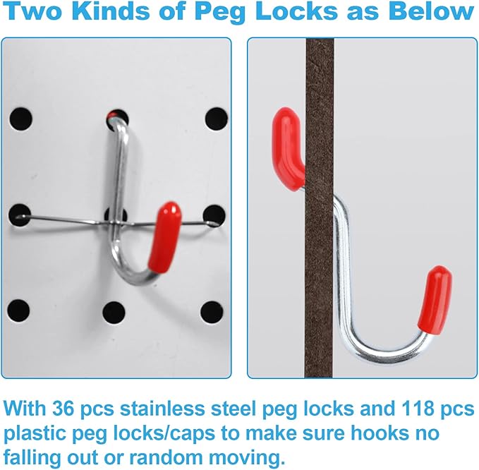60 Assorted Pegboard Hooks with Pegboard Bins Plus 154 Peg Locks/Caps for 1/4 inch & 1/8 Inch Peg Board, Won’t Fall Out