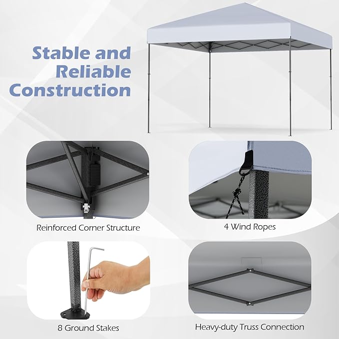 Tangkula 10x10 FT Pop Up Canopy, UPF50+ Portable Outdoor Tent with 8 Stakes, 4 Wind Ropes, Carrying Bag, Foldable Canopy Tent for Beach Party Event Camping