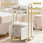 Salon Trolley Cart with Lockable Wheels, Salon Station Cabinet with Drawer & Cabinet for Hair Stylist Makeup Tool Organizer for Beauty Spa Barbershop (White&Gold)