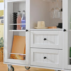 White Kitchen Cart with Storage, Drop Leaf Kitchen Island on Wheels, Mobile Rolling Cart with Drawers & Shelves for Small Spaces, Farmhouse Kitchen Cart with Butcher Block Top