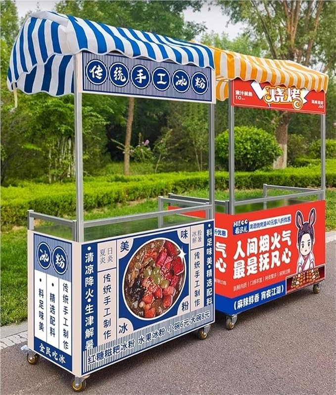 Outdoor Food Cart with Canopy, Portable Street Vendor Stand, Foldable Commercial Vending Trolley Kiosk for Market, Street Food and Events(Blue,47.2x23.6in)