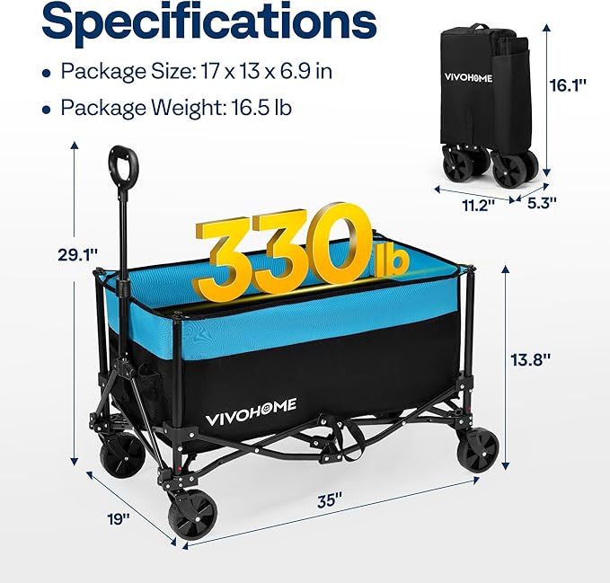 VIVOHOME Collapsible Wagon Carts, 330lbs 170L Utility Heavy Duty Foldable Wagons with Universal Wheels, Cup Holders & Side Pocket, Adjustable Handle, for Camping, Garden, Sports, Picnic, Shopping
