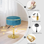 Adjustable Vanity Stool with Storage, 360° Swivel Makeup Stool Chair Small Velvet Round Ottoman with Gold Base for Bedroom (Blue)