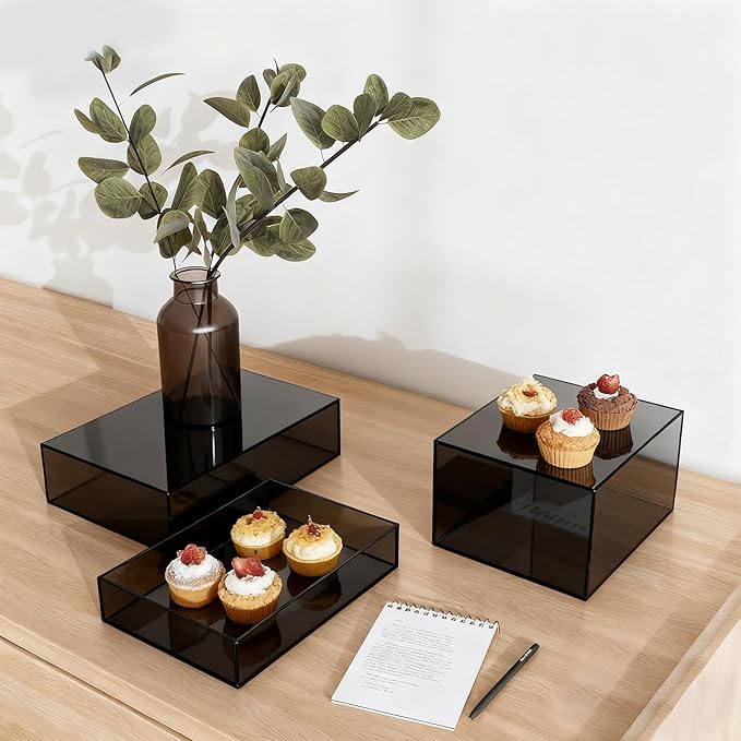 3 PCS Black Extra Large Buffet Risers Set, 10" 12" 14" Acrylic Cube Risers Stands Acrylic Cube Food Display Box Risers with Hollow Bottoms for Party Buffet Table Cupcake Candy Dessert
