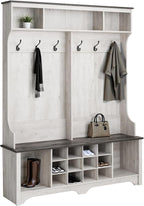 Prepac Farmhouse Washed White Hall Tree, Shoe Cabinet, Storage Cabinet with 12 Shoe Cubbies, 2 Boot Cubbies and 6 Double Coat Hooks 15.5" D x 60" W x 77" H