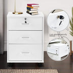 File Cabinet with Lock 3 Drawer Mobile Filing Cabinet with 360° Swivel Wheels, Under Desk Storage Cabinet Wooden File Organizer for Legal/Letter/A4 Documents, Home Office Storage (White)