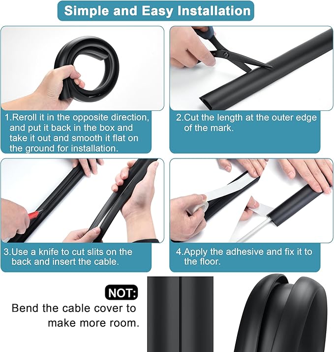 5.5FT Floor Cord Cover, Black Soft Cable Cover Floor, Large Size Extension Cord Covers for Floor, Power Cord Protector Floor Wire Cover - Cord Channel Diameter: 0.7" (W) x 0.4" (H)
