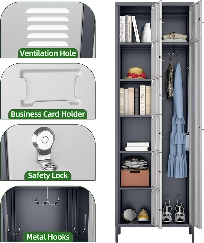 Aobabo 72" H Metal Lockable Storage Locker 7 Small Doors and 1 Big Door, Metal Lockers for empolyees with Hooks, for School Home Office Assembly Required, 8 Doors, Grey White