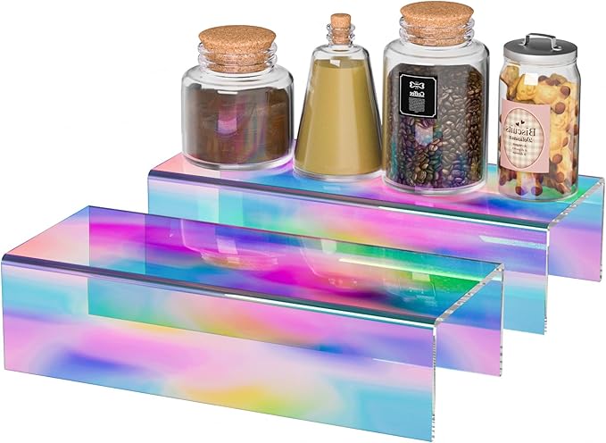 Acrylic Shelf Riser 12x4.7x3 pack of 2, Iridescent Desktop Rectangular Acrylic Tray Pedestal Stand for Funko Pop Figure, Bags, 12x4.7x3 Inch