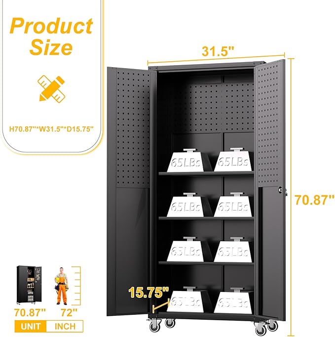 71"H Metal Storage Cabinet with Wheels, Tall Rolling Garage Cabinet with 3 Adjustable Shelves & Locking Doors & Pegboards, Heavy-Duty Tool Cabinet for Home Office, Workshop, Warehouse, Black