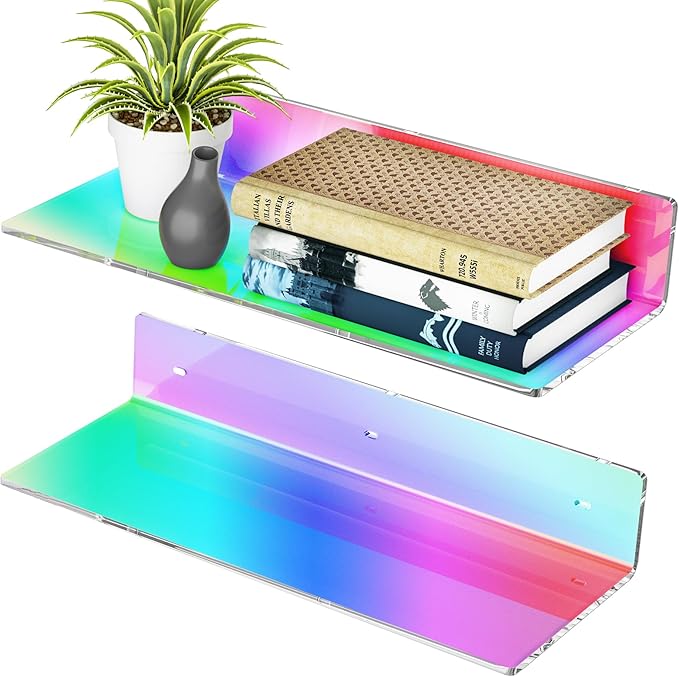 2 Pack Iridescent Acrylic Floating Shelves 15 Inches, Wall Hanging Bathroom Shelves, Wall Storage Shelf for Kitchen, Dining Room, Living Room, Bedroom, Bathroom, Retail, Supermarket