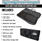 PartyLife New & Improved Portable Bar Table w/LED Lights, Wireless Remote, Folding Legs, 2 Bar Skirts, Heavy-Duty Storage Shelf & Carrying Case - Black