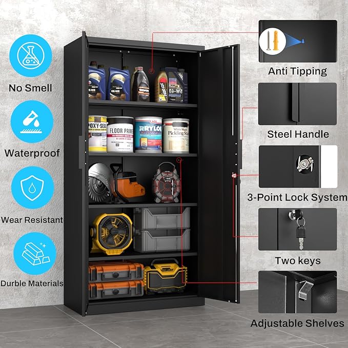 Metal Garage Storage Cabinet with Lock, 72" Tall Steel Storage Locker with 4 Adjustable Shelves, Heavy Duty Metal Cabinet for Garage, Office, Home, Black