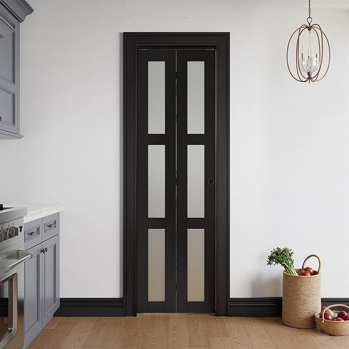 Bifold Doors for 24" x 80" Opening, 3-lite Tempered Frosted Glass Closet Folding Doors with Hardware kit Included, Easy Assembly, Black