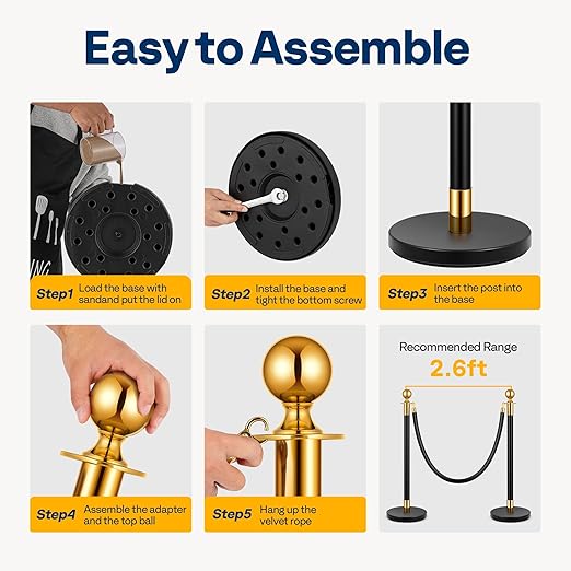 VIVOHOME Heavy Duty Iron Stanchion Post Queue 4PCS Pole w/ 2 Black Velvet Ropes, Crowd Control Barriers w/Fillable Base for High-end Venues, Museums, Party Supplies (4 Pieces, Black and Golden)