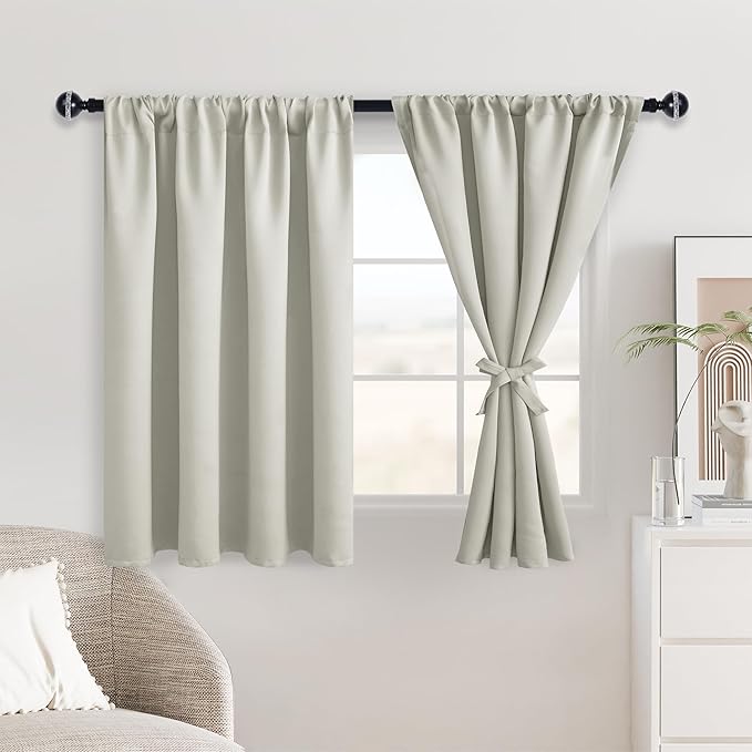 JIUZHEN Short Blackout Curtains for Small Window - Cafe Room Darkening Privacy Thermal Insulated Half Window Curtains Tiers for Bathroom,Kitchen, W 42 x L 36, Set of 2 Panels with Tiebacks, Ivory