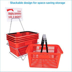 SSWBasics Red Shopping Baskets With Stand - Set of 12 - Basket Dimension 8-1/2"H x 12"W x 17"L - Perfect for Retail, Thrift, Grocery, and Convenience Stores - Holds 5 Gallons of Merchandise - Ideal