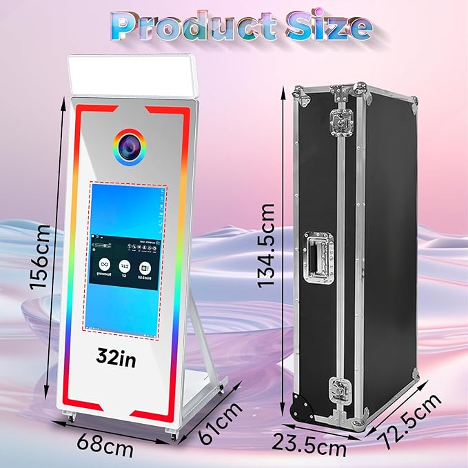 Magic Mirror Photo Booth 65" with 32" Touch Screen Selfie Mirror Photo Booth Machine with Flight Case Remote Control Ring Light for Event Rental Wedding Party (65-32in Black)