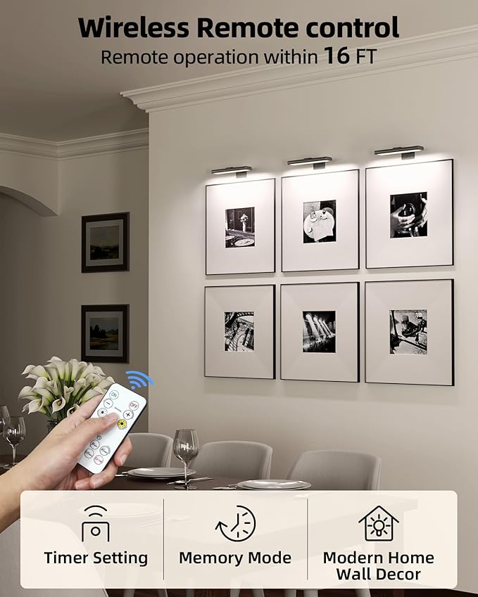 EZVALO Picture Light for Wall, Rechargeable 2400mAh Battery Lights Wireless Remote, 3 Color & Dimmable Magnetic 8'' LED Lights Display for Painting, Living Room, Gallery, Bedroom, Dashboard(Black-3P)