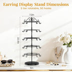 EsLuker.ly Earring Holder Organizer Rotating Display Tree Stand, Adjustable Height Earring Card Hanger Rack with 50 Hooks for Vendors Market Selling, 5 Tier Metal Jewelry Storage Tower, Black