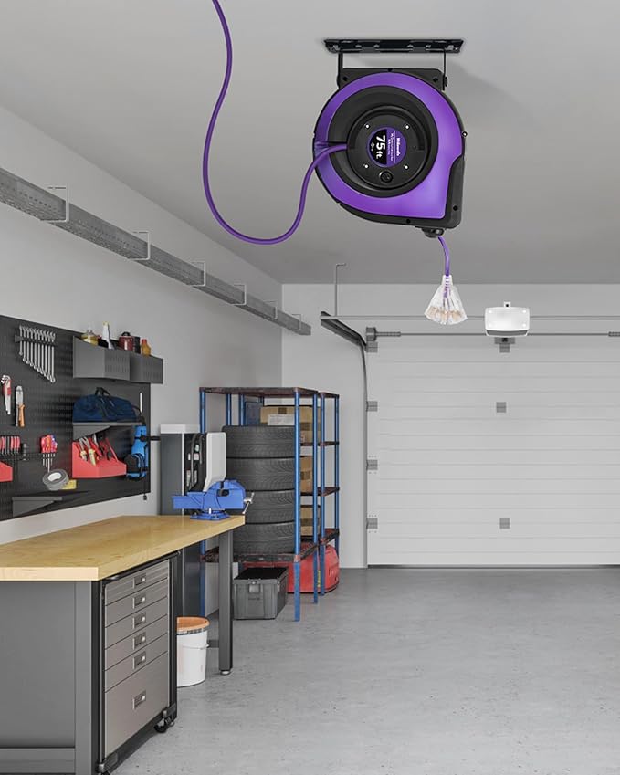 Extension Cord Reel, 75 FT Retractable Extension Cord Reel, 14AWG/3C SJTOW, Lighted Triple, 10A Circuit Breaker, Wall/Ceiling Mounted, Heavy Duty Power Cord, UL Listed, Purple P75CR06